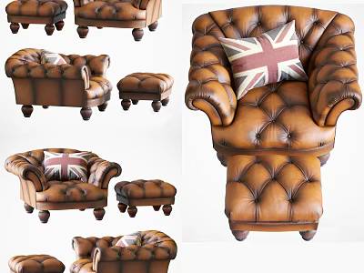 Leather Tufted Armchair with Ottoman Shown in Various Angles for Interior Design 3d model