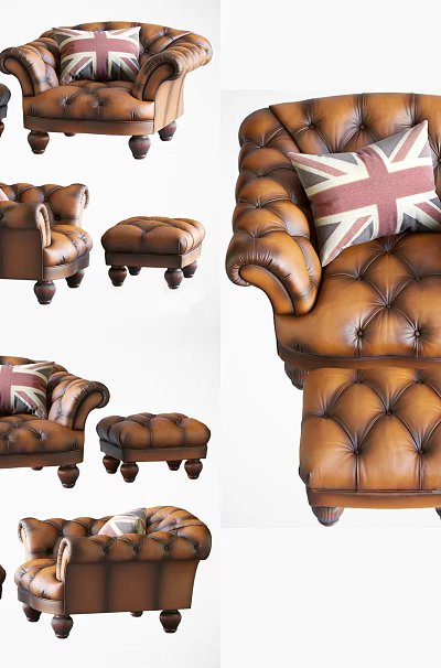 Leather Tufted Armchair with Ottoman Shown in Various Angles for Interior Design 3d model