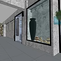 Chinese Style Hotel Corridor With Blue Banners White Patterns Gray Pillars And Gray Tiled Floor