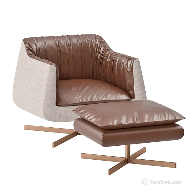 Brown Leather Seat Armchair With Beige Upholstered Arms And Matching Ottoman On Cross Metal Base 3d model 