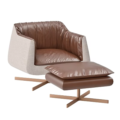 Brown Leather Seat Armchair With Beige Upholstered Arms And Matching Ottoman On Cross Metal Base 3d model