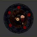 Round Wooden Dining Table With Roast Meat Cake And Red Stools On Stone Pavement