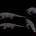 Gray Scaled Reptile Creature Character Models With Long Tail Red Tongue Multiple Poses Black Background