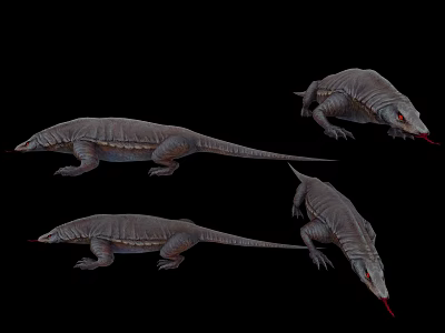Gray Scaled Reptile Creature Character Models With Long Tail Red Tongue Multiple Poses Black Background 3d model