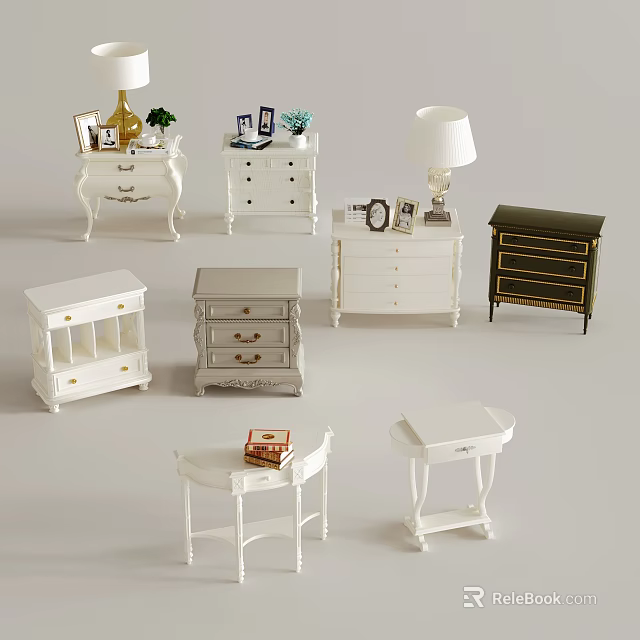 Various Bedside Table Designs with Lamps Photo Frames and Decorative Plants 3d model