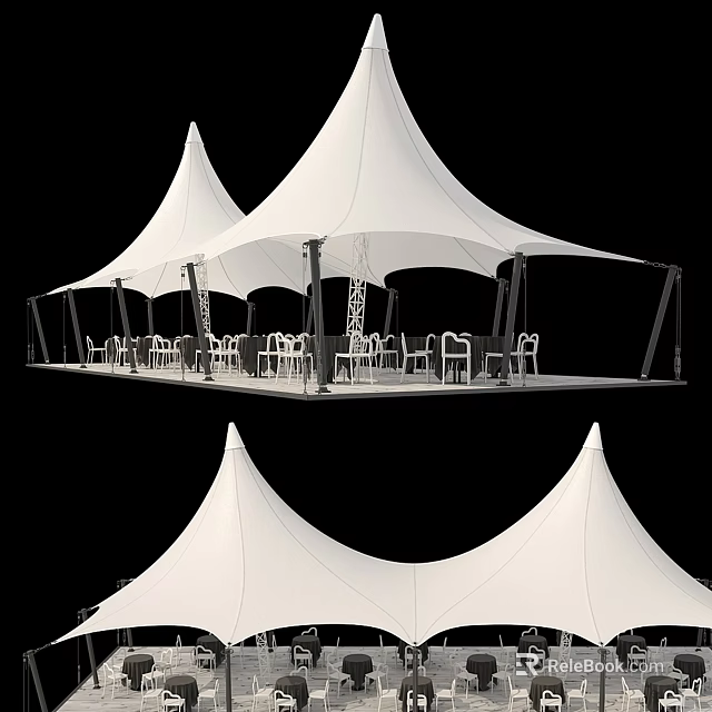 Outdoor Cafe Featuring White Membrane Structure Tents With Seating Tables And Chairs 3d model 