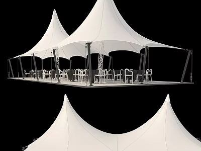 Outdoor Cafe Featuring White Membrane Structure Tents With Seating Tables And Chairs 3d model