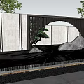 Modern Scenic Wall Design With Lattice Curved Arch Pine Tree Decorative Stones And Water Feature