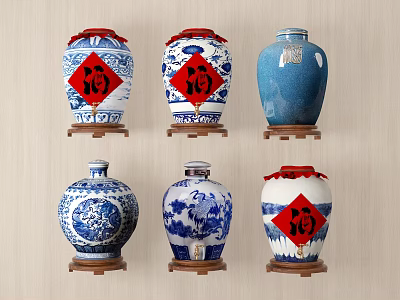 Chinese Traditional Ceramic Vases With Red Fu Characters And Blue White Patterns On Wooden Bases 3d model