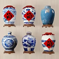 Chinese Traditional Ceramic Vases With Red Fu Characters And Blue White Patterns On Wooden Bases