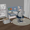 Blue and White Kids Desk Chair Set with Bookshelf and Wheeled Chair for Study Space