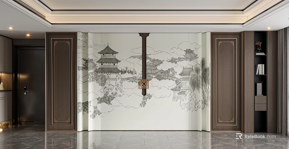 Chinese Style Background Wall With Landscape Painting Clouds And Ancient Architecture 3d model 