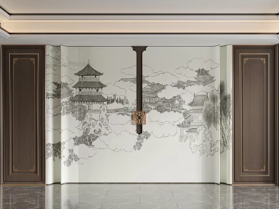 Chinese Style Background Wall With Landscape Painting Clouds And Ancient Architecture 3d model