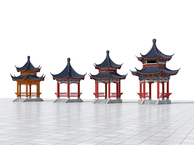 Chinese Traditional Pavilions With Orange Red Frames And Black Multi Layered Roofs 3d model