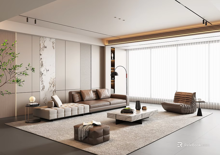 Spacious Modern Luxury Living Room With Leather Sofas Marble Table And Soft Ambient Lighting 3d model 