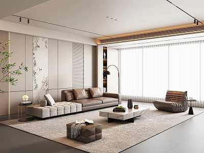 Spacious Modern Luxury Living Room With Leather Sofas Marble Table And Soft Ambient Lighting 3d model