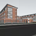 Modern School Building With Red Brick Exterior Large Glass Windows Green Trees Road And Pedestrians