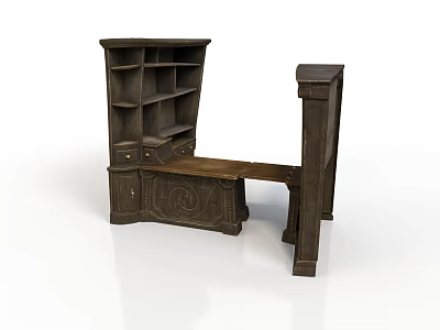 Vintage Wooden Bookcase Bench Furniture With Carved Details Drawers And Shelves 3d model