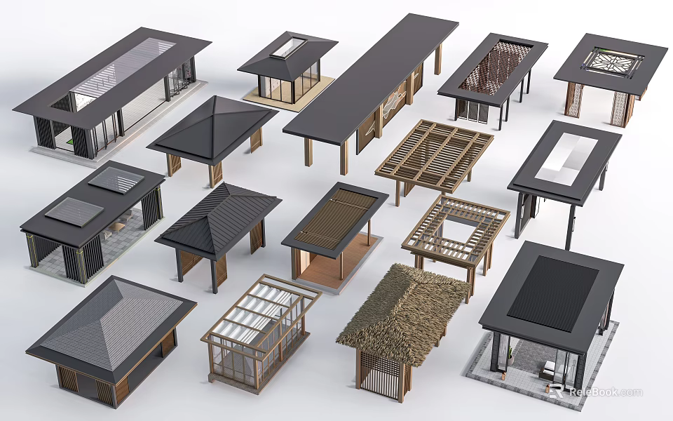 Various Outdoor Pavilion Designs With Different Roof Structures And Construction Materials 3d model 