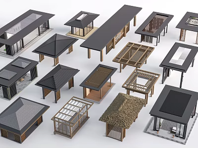Various Outdoor Pavilion Designs With Different Roof Structures And Construction Materials 3d model