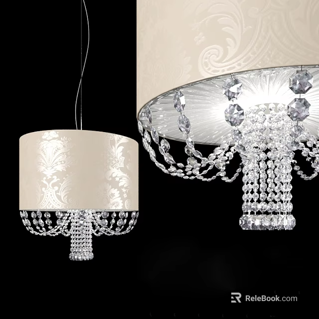 Elegant Crystal Chandeliers With Beige Patterned Shades And Hanging Crystal Pendants 3d model 