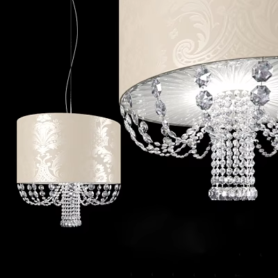 Elegant Crystal Chandeliers With Beige Patterned Shades And Hanging Crystal Pendants 3d model