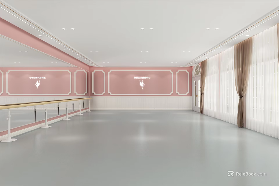 Spacious Dance Fitness Studio With Pink Walls Mirrors Barre Large Windows And White Curtains 3d model 