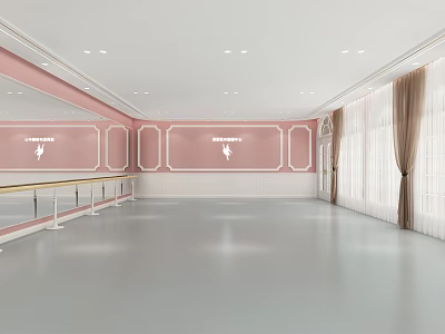 Spacious Dance Fitness Studio With Pink Walls Mirrors Barre Large Windows And White Curtains 3d model