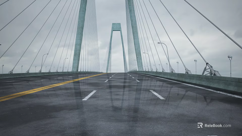 Modern Suspension Bridge With Tall Towers Cable Stays Wet Road And Street Lamps 3d model 