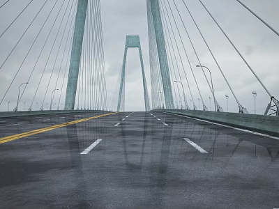Modern Suspension Bridge With Tall Towers Cable Stays Wet Road And Street Lamps 3d model