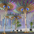 Pergola With Colorful Glass Canopy Wooden Structure Supports Palm Trees City Skyline And Blue Lighting