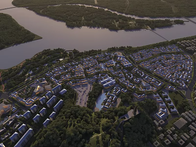 Aerial Planning of Modern Urban Community Featuring River Green Spaces and Building Layouts 3d model