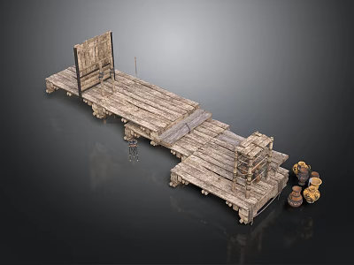 Rustic Wooden Dock Platform With Planks Crates And Clay Pots 3d model