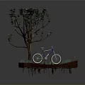 Purple Bicycle Parked Under Green Tree On Green Platform With Gray Background