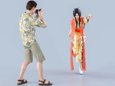 Man Taking Photo Of Woman Posing In Colorful Traditional Outfit 3d model