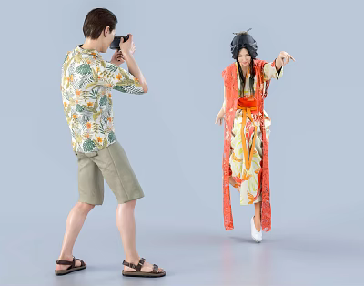 Man Taking Photo Of Woman Posing In Colorful Traditional Outfit 3d model Man Taking Photo Of Woman Posing In Colorful Traditional Outfit 3d model