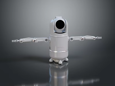 White Robot Character Featuring Round Head Black Lens Mechanical Arms Small Wheels On Dark Background 3d model