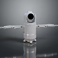 White Robot Character Featuring Round Head Black Lens Mechanical Arms Small Wheels On Dark Background