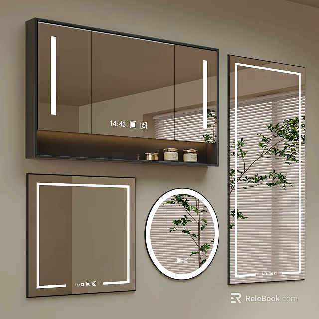 Stylish Bathroom Mirrors With LED Lights Round Square Shapes And Green Plants For Modern Vanity 3d model 