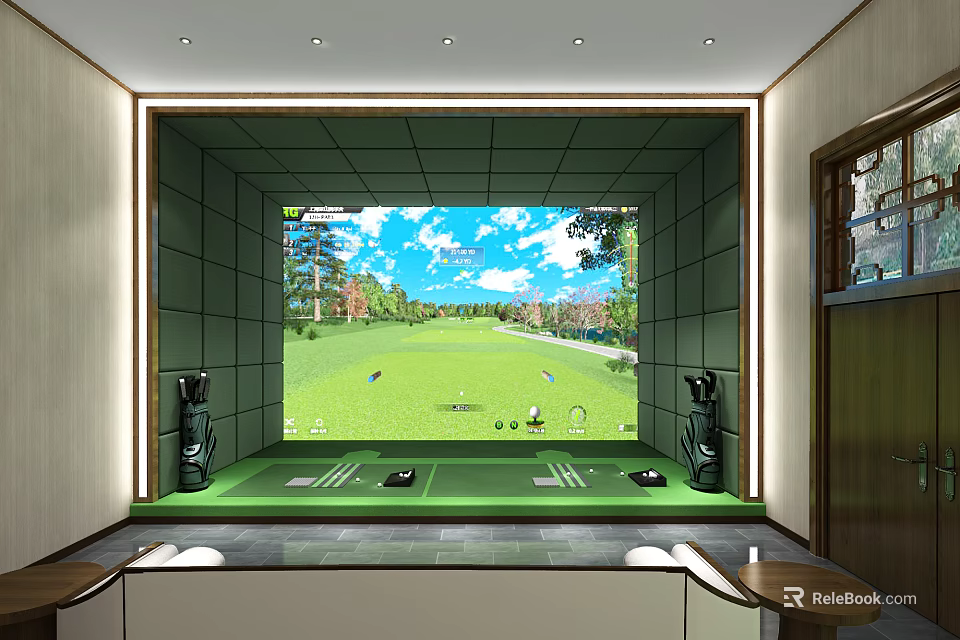 Indoor Golf Fitness Training with Large Screen Simulator and Practice Mat 3d model 