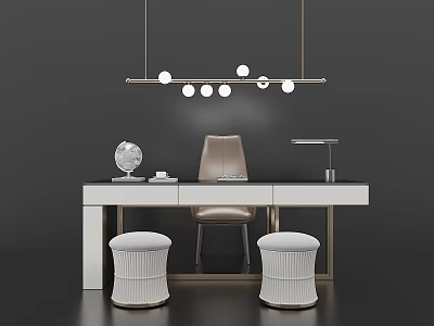 Modern Elegant Desk with Globe Table Lamp Chair and Stools Under Pendant Light 3d model