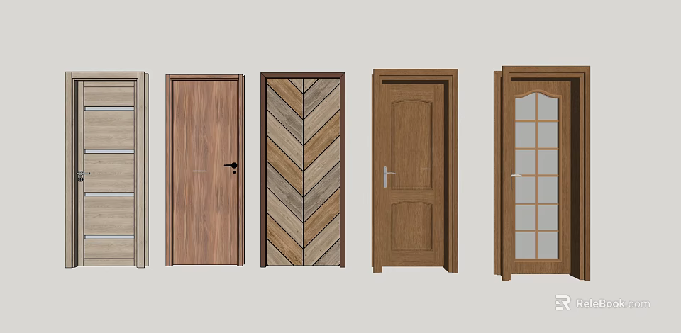 Stylish Wooden Swing Doors with Various Patterns and Glass Panel Designs 3d model