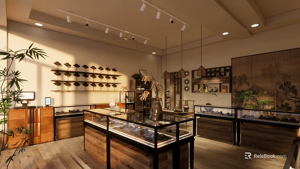 Elegant Jewelry Store Interior With Glass Display Cases Hanging Lights And Wooden Shelves 3d model 