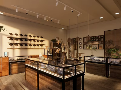 Elegant Jewelry Store Interior With Glass Display Cases Hanging Lights And Wooden Shelves 3d model
