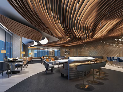 Modern Restaurant Interior Design With Wooden Curved Ceiling Strips Bar Counter Tables And Chairs 3d model