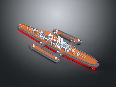 3D Designed Battleship Water Vessel With Orange Deck White Structures And Red Bottom Edges 3d model