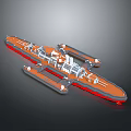 3D Designed Battleship Water Vessel With Orange Deck White Structures And Red Bottom Edges