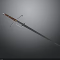 Medieval Long Sword With Red Wrapped Handle And Sharp Metallic Blade On Gray Background
