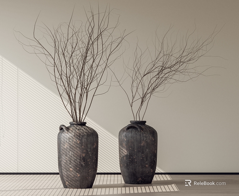 Modern Decorative Ornament Set With Two Dark Textured Vases And Slender Twigs 3d model 