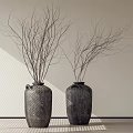 Modern Decorative Ornament Set With Two Dark Textured Vases And Slender Twigs